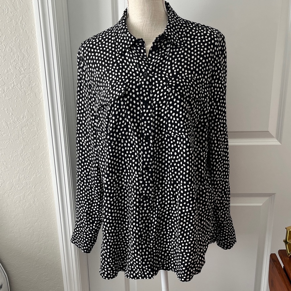 Talbots Black and White Painted Dots Boyfriend Button Down Shirt SZ L NWOT